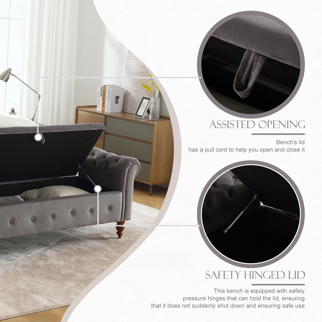 Gray Velvet Upholstered Storage Bench with Arms B312
