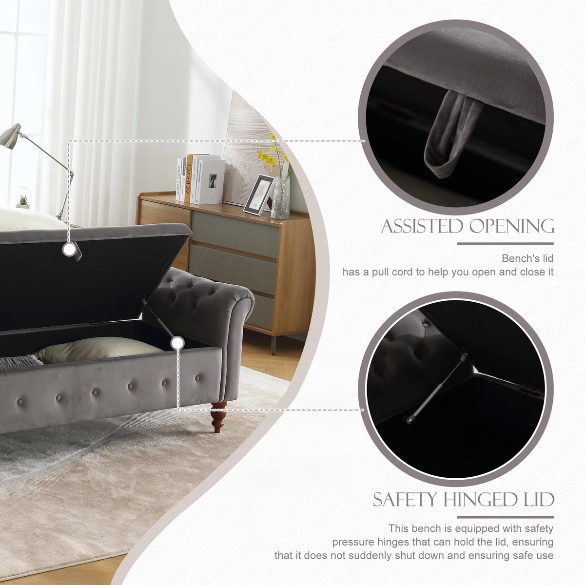 Gray Velvet Upholstered Storage Bench with Arms B312