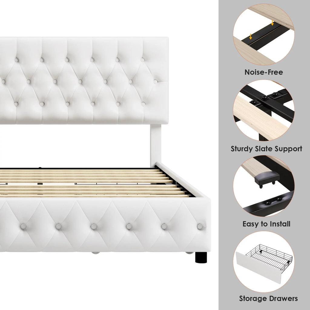 King White Faux Leather Upholstered Storage Bed Frame with 4 Drawers D970