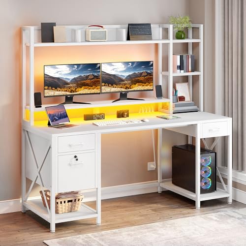 Rustic Brown Computer Desk with Drawers and Hutch G670