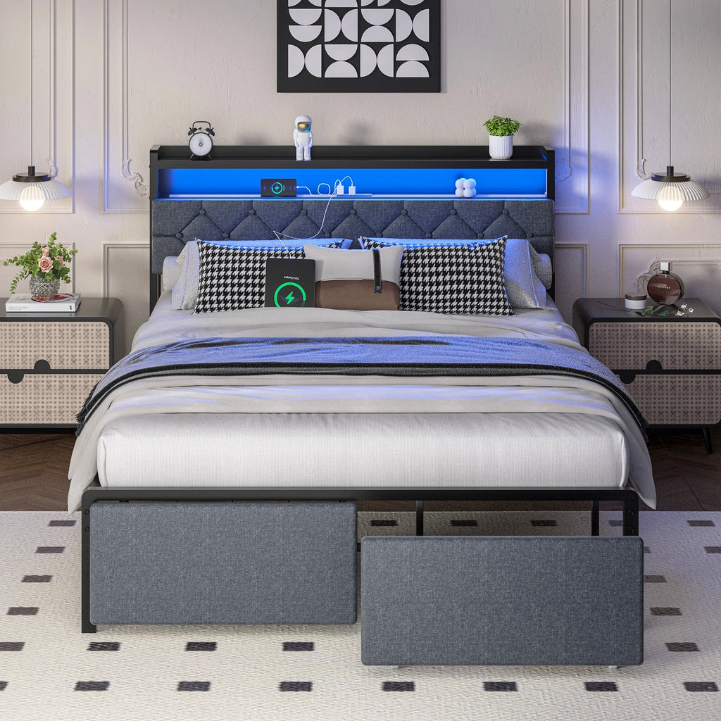 Gold Queen Size Velvet Fabric Headboard Metal Platform Bed V96017