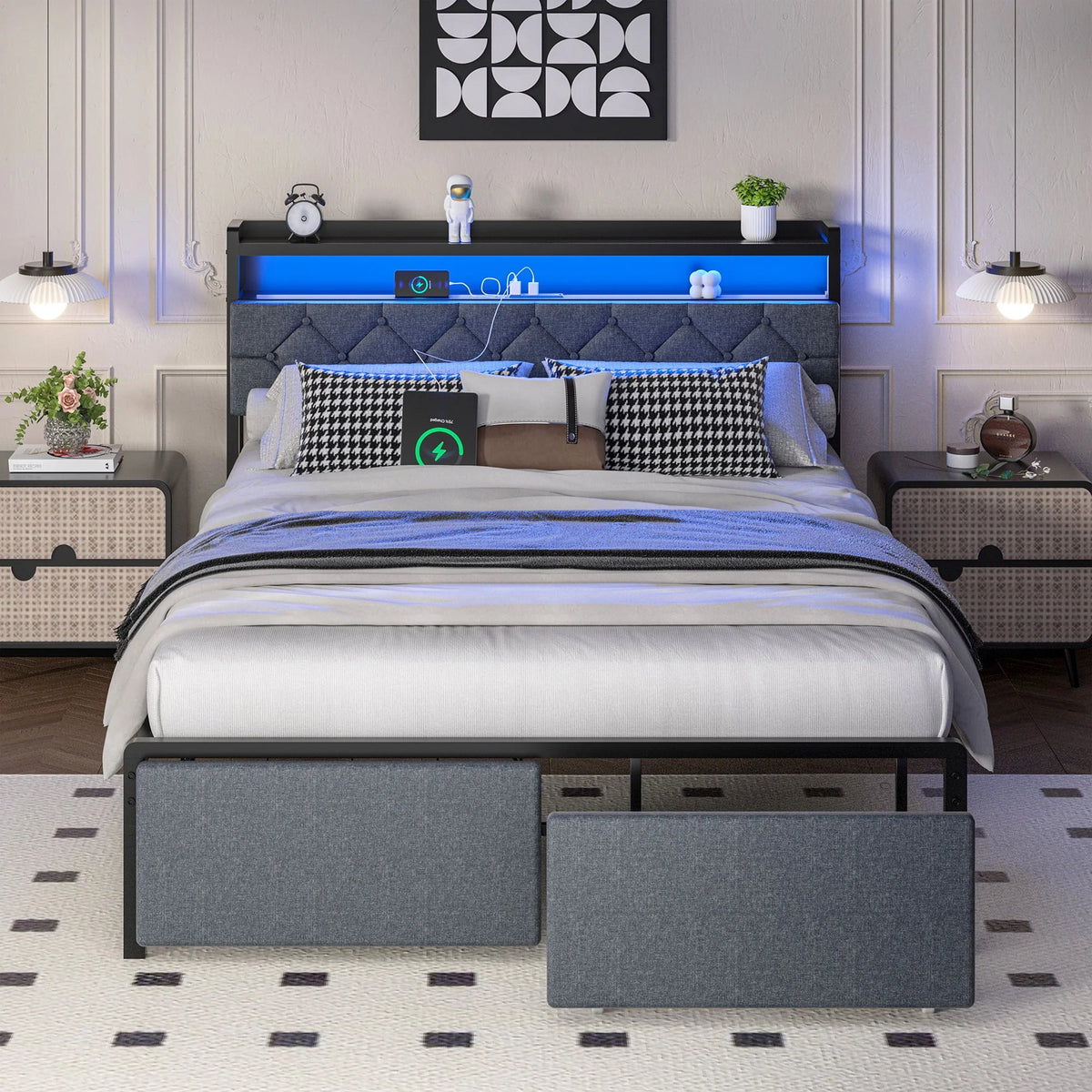 Gold Queen Size Velvet Fabric Headboard Metal Platform Bed V96017