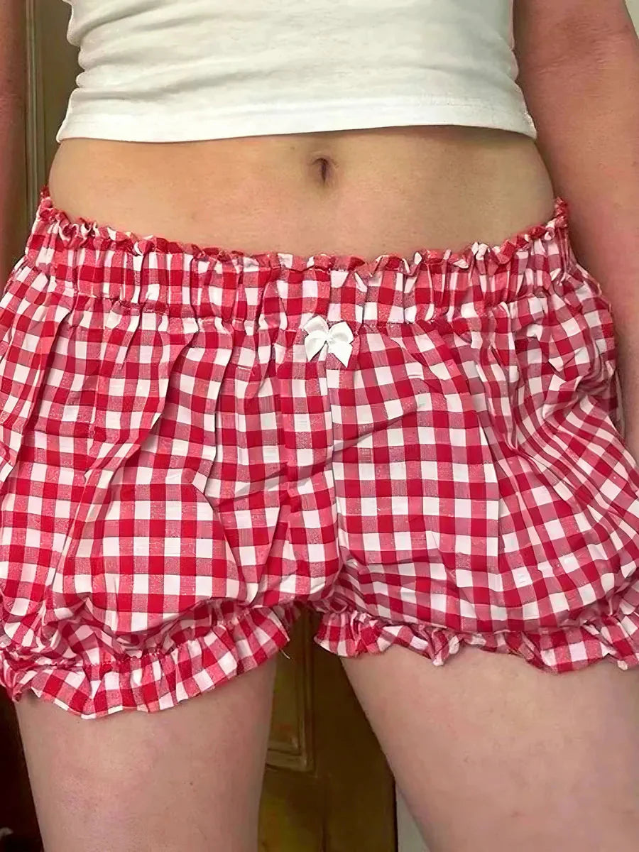Retro Red Checked Ribbon Bubble Shorts W905