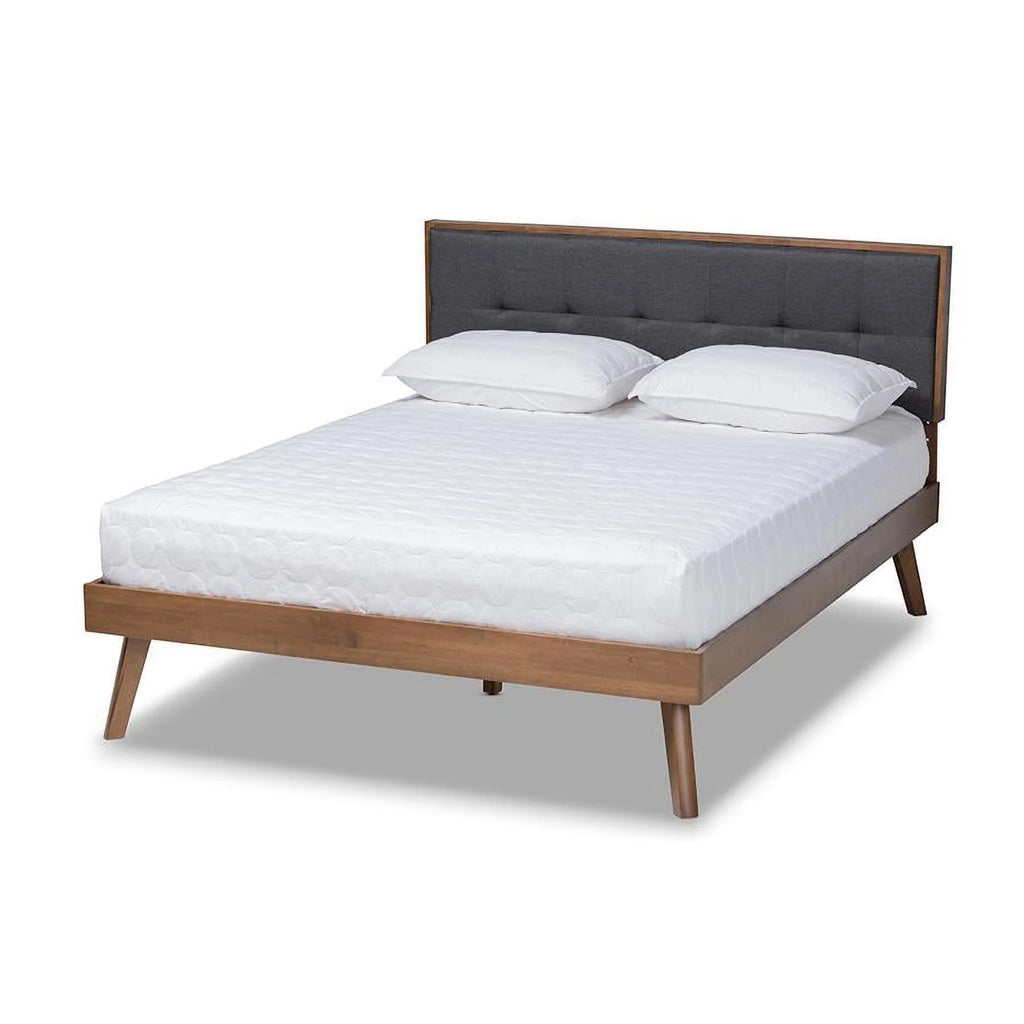 Light Grey Fabric Upholstered Walnut Brown Wood Queen Size Platform Bed T250