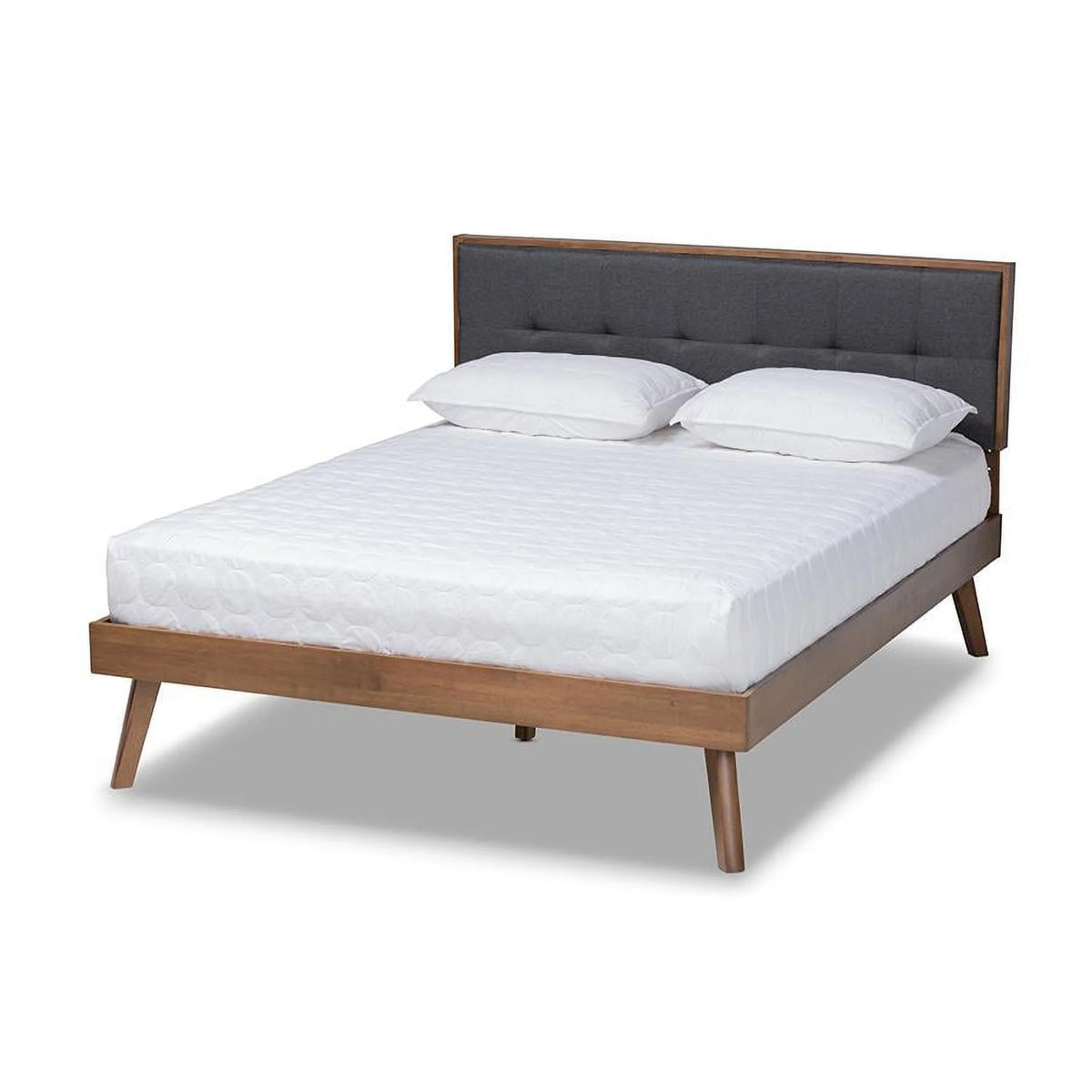 Light Grey Fabric Upholstered Walnut Brown Wood Queen Size Platform Bed T250