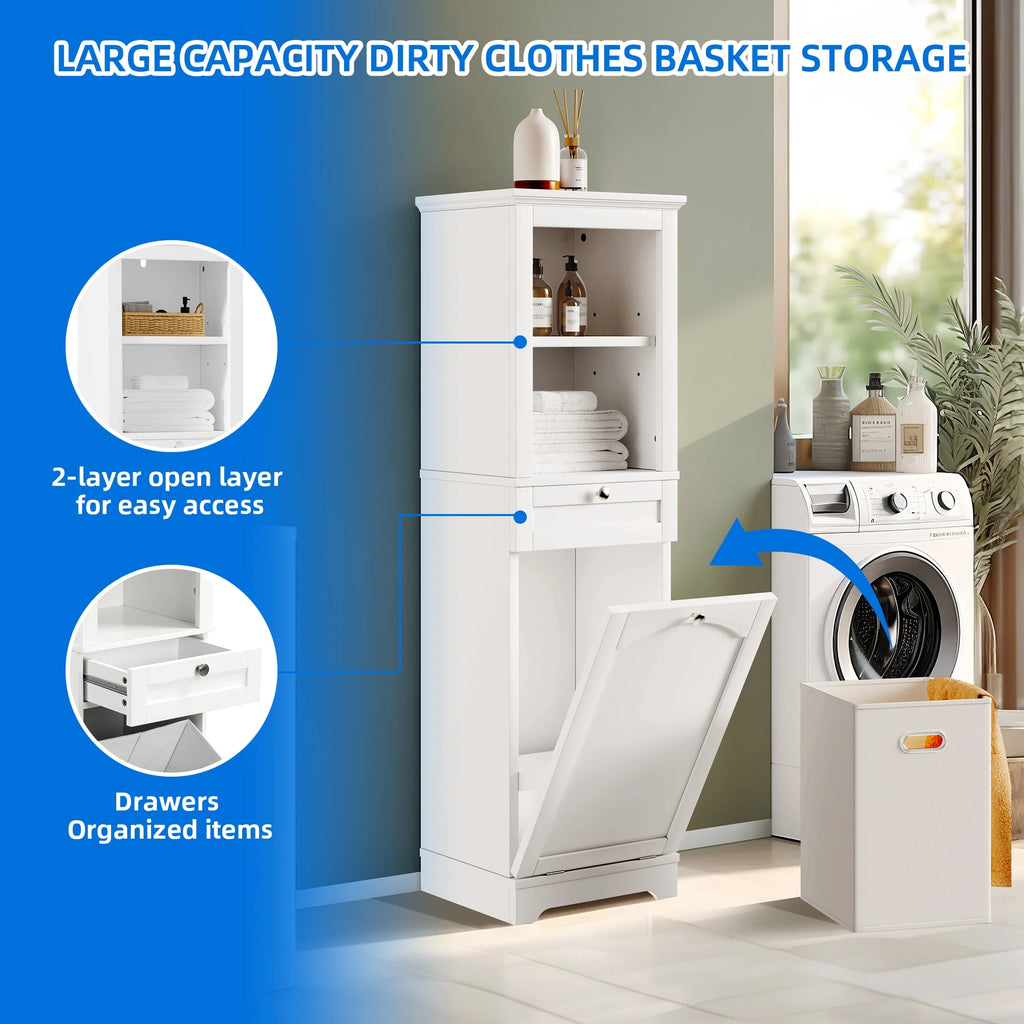 53" Tilt Out Laundry Cabinet with Basket, Drawer, 2 Layer Open Shelf, White I460501