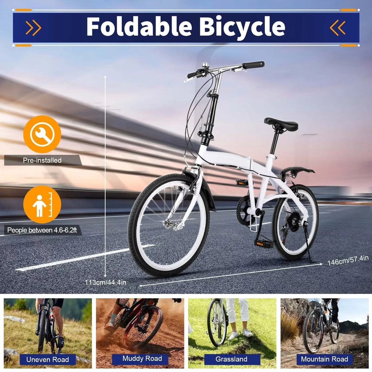 White Folding Bike 6 Speed Gears with Mudguard T634788