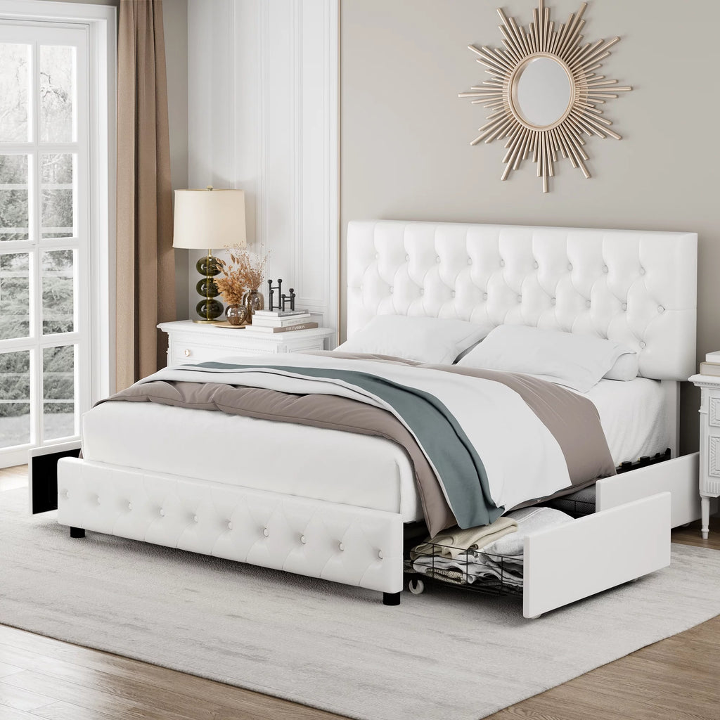 King White Faux Leather Upholstered Storage Bed Frame with 4 Drawers D970