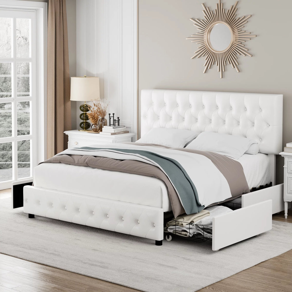 King White Faux Leather Upholstered Storage Bed Frame with 4 Drawers D970