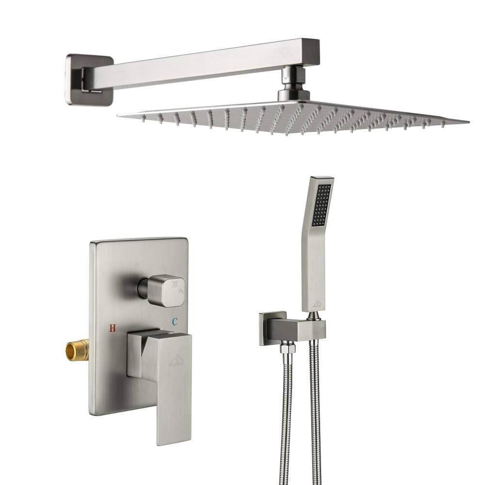 Wall-Mounted Shower System with 10-in Square Rainfall Shower Head and Handheld Shower Head Set Brushed Nickel N345