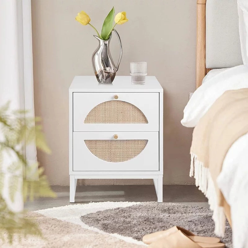 White Wood Nightstand with Rattan Drawers L4589