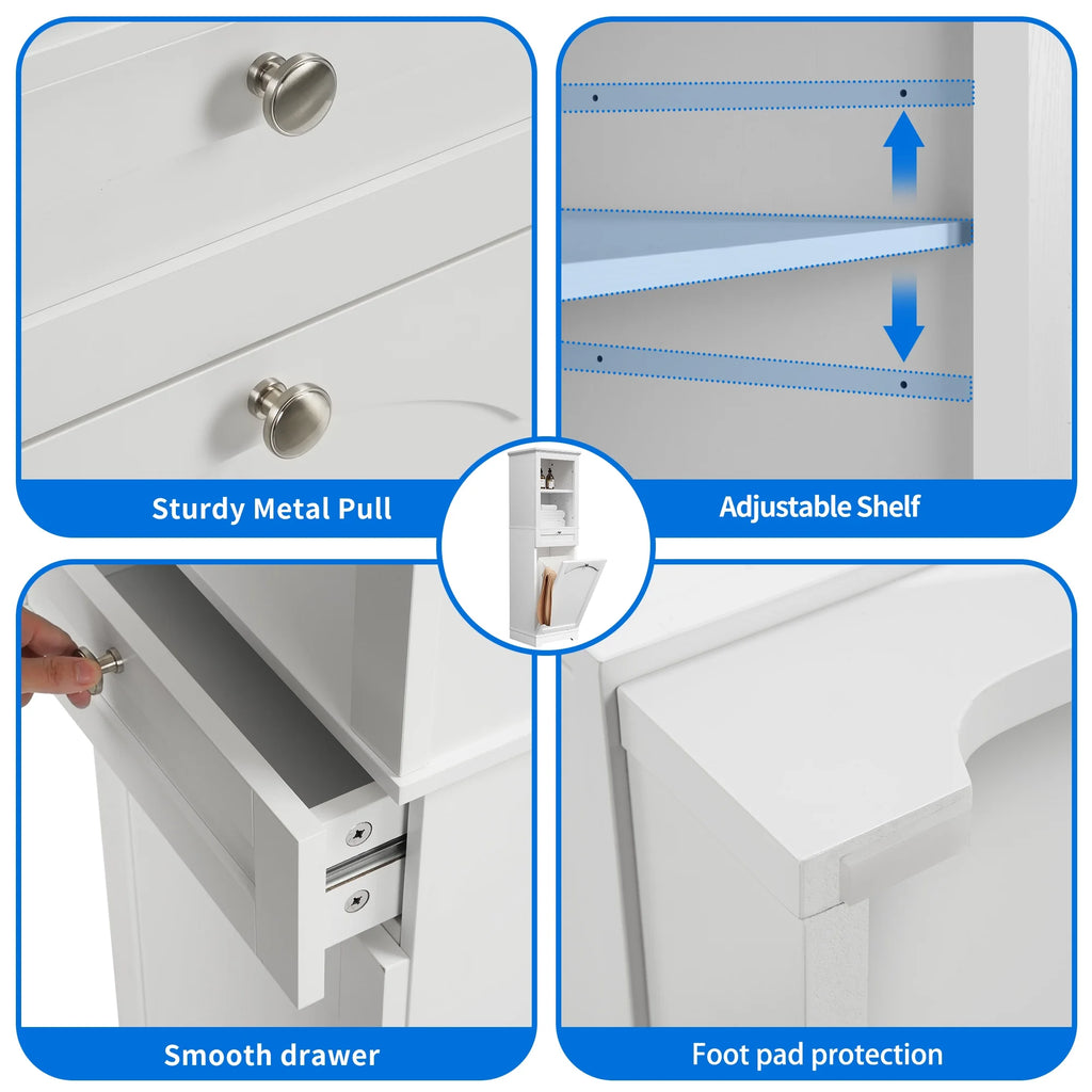 53" Tilt Out Laundry Cabinet with Basket, Drawer, 2 Layer Open Shelf, White I460501