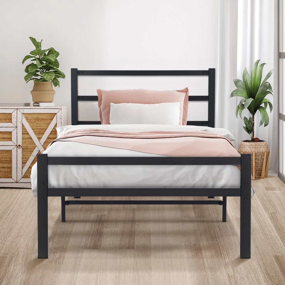 Twin Size Black Metal Platform Bed Frame with Headboard C128515