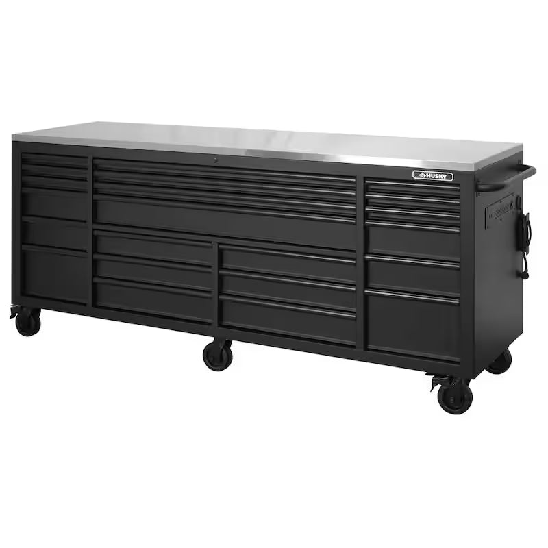 84 in. Heavy Duty Matte Black Mobile Workbench Tool Chest with Stainless Steel Work Top O8971