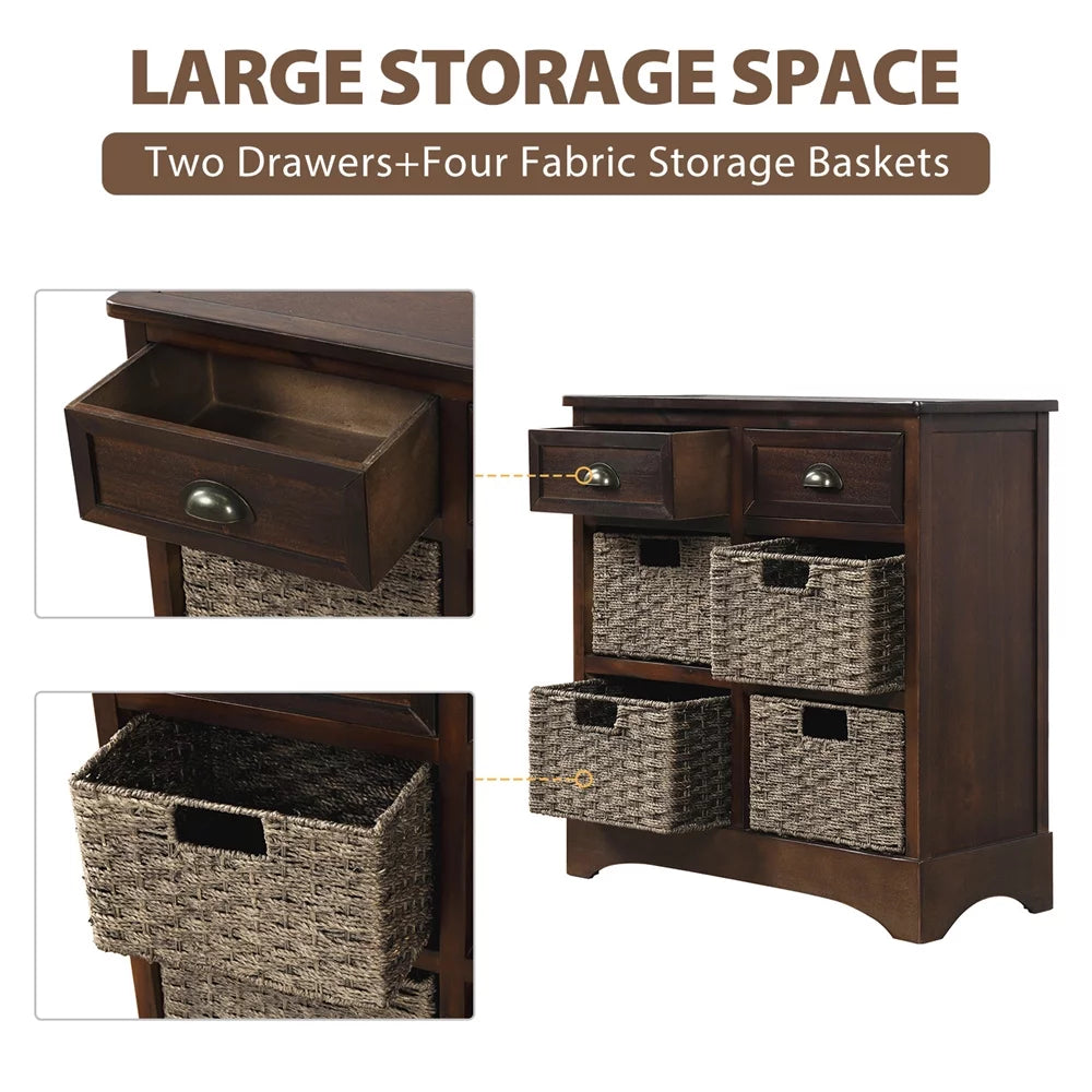 Espresso Wood Storage Cabinet with 2 Drawers and 4 Wicker Baskets V72399