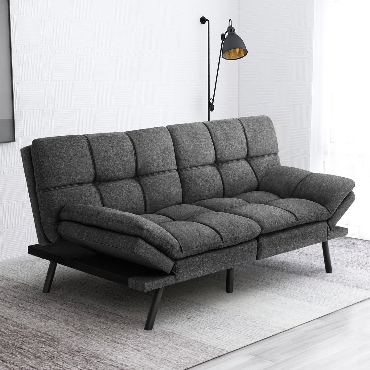 Memory Foam Futon Sofa Bed with Adjustable Armrests and Backrest, Gray P24848