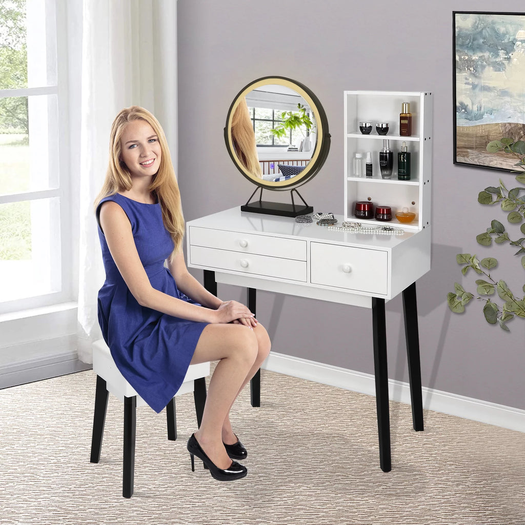 Black and White Vanity Set with Lighted Mirror and Cushioned Stool B29200