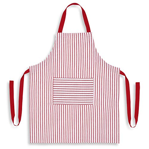 Red and White Stripe Woven Cotton Apron with Pocket M343