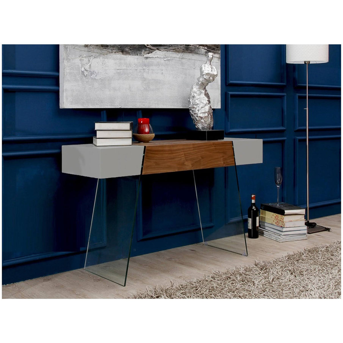 Walnut Veneer Gray Lacquer Console Table K121