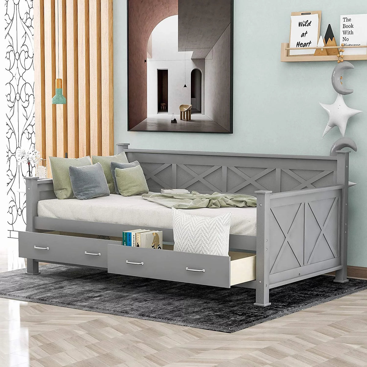 Grey Wood Daybed with Two Storage Drawers O735