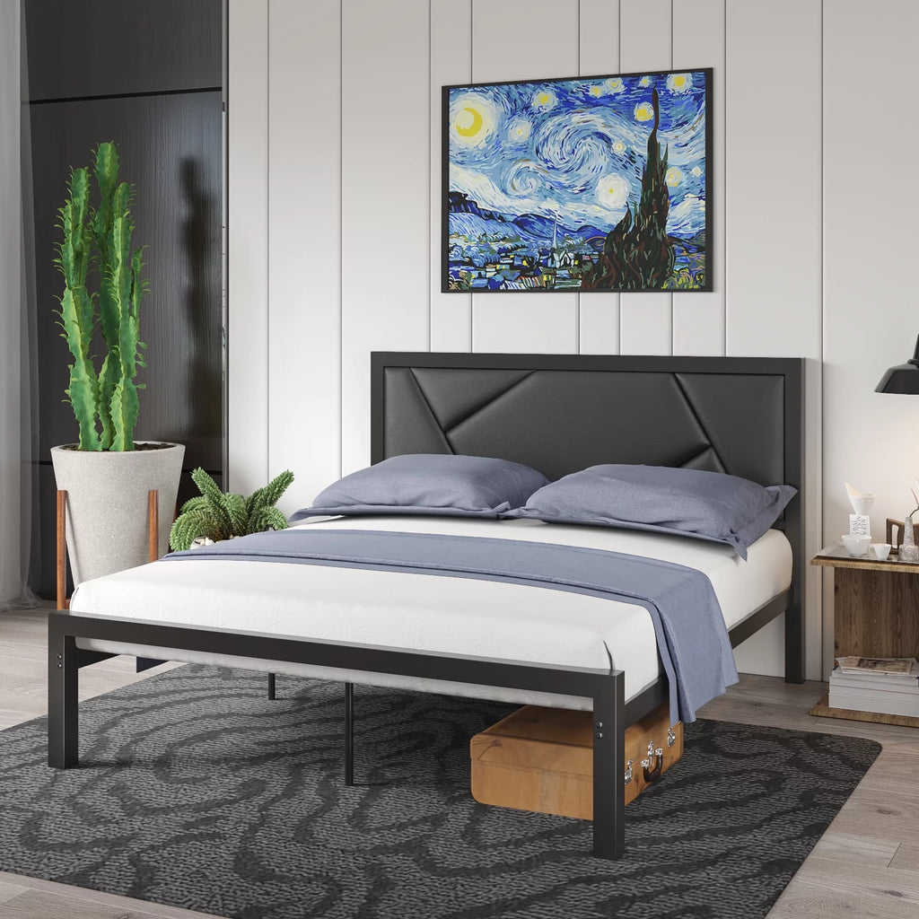 Queen Size Black Metal Bed Frame with Upholstered Headboard X212