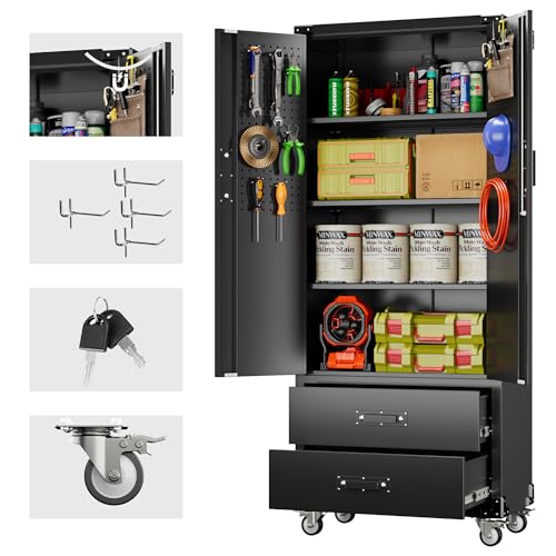 71" H Metal Storage Cabinet with Wheels, 5 Shelves and 4 Hooks, Black Silver P48743