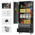 71" H Metal Storage Cabinet with Wheels, 5 Shelves and 4 Hooks, Black Silver P48743