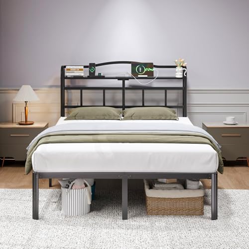 Black 14 Inch Full Size Metal Platform Bed Frame with Storage Headboard and Charging Station Z1579