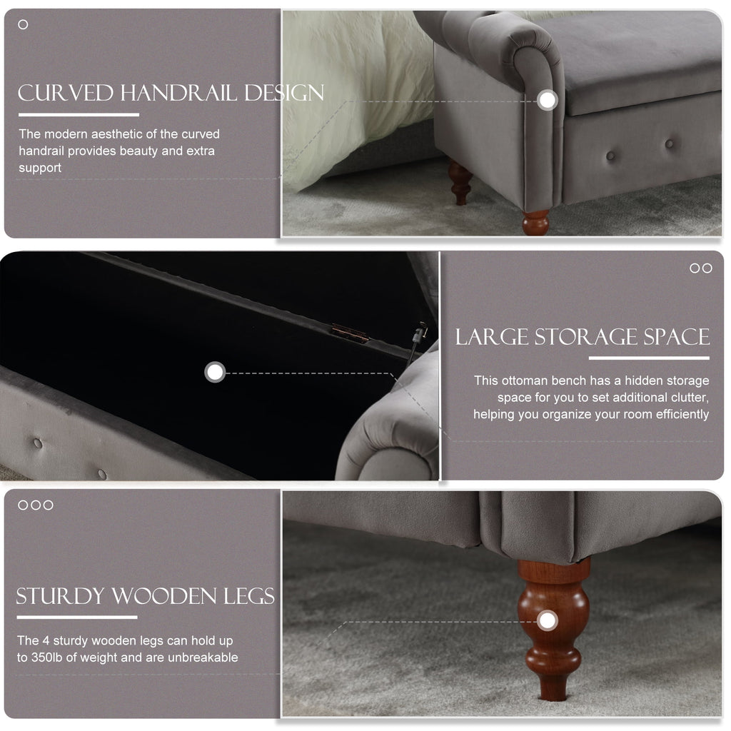 Gray Velvet Upholstered Storage Bench with Arms B312