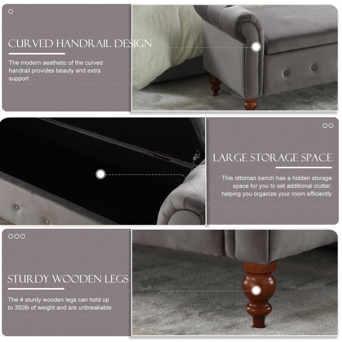 Gray Velvet Upholstered Storage Bench with Arms B312
