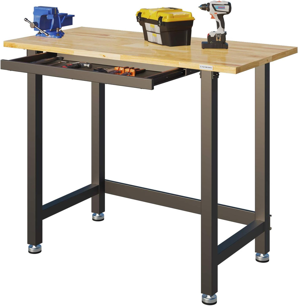 Work Bench with Drawer 3000-lb Capacity 48"x 24" Rubber Wood Top Heavy-Duty Steel Frame S1447