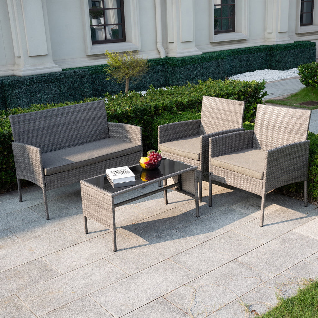 4 Piece Wicker Patio Conversation Furniture Set with Glass-Top Coffee Table & Gray Cushions O230056