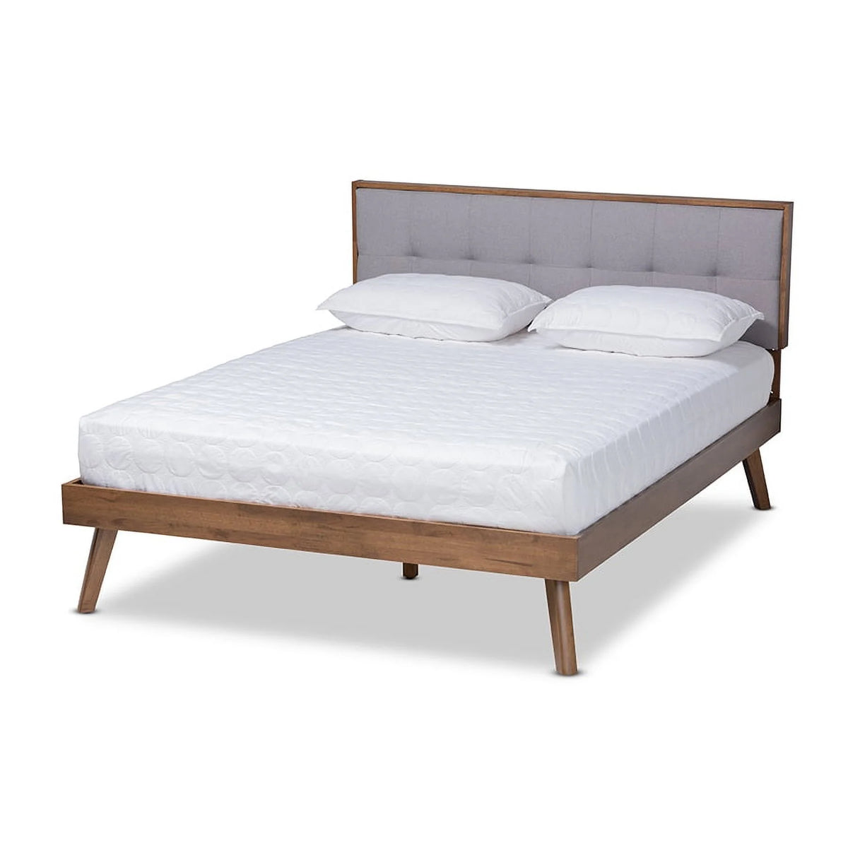 Light Grey Fabric Upholstered Walnut Brown Wood Queen Size Platform Bed T250