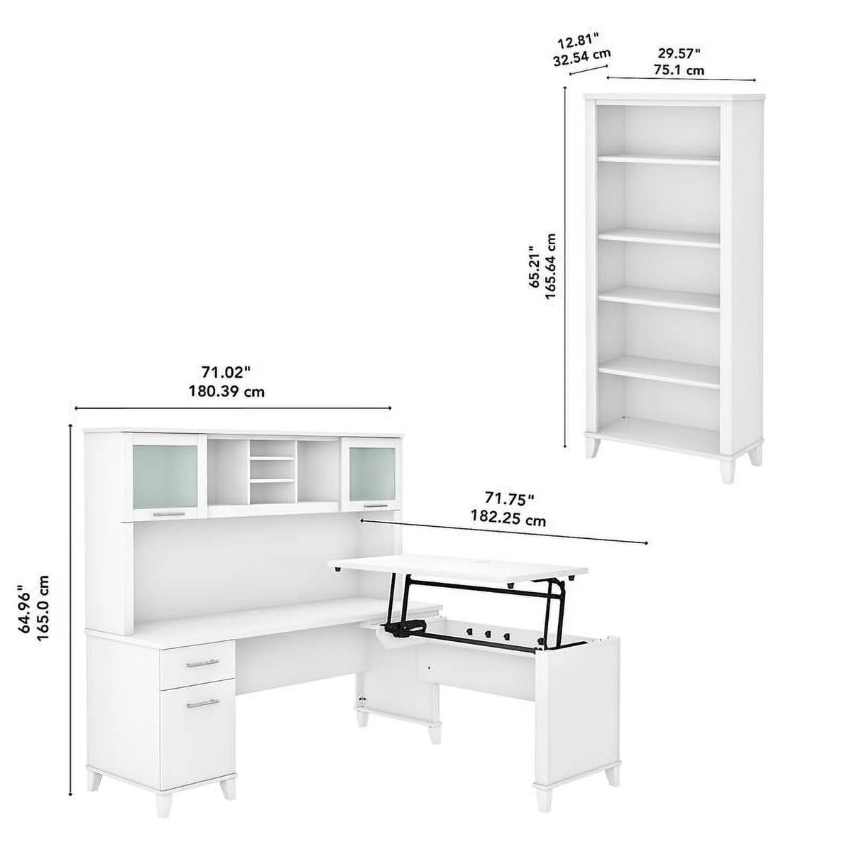 White Engineered Wood Sit to Stand Desk with Hutch and Bookcase B67402