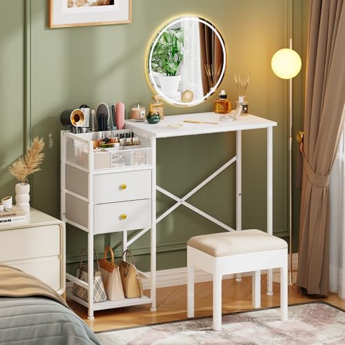 White Vanity Desk with 2 Fabric Drawers, 9 Compartments, Storage Shelves J610812