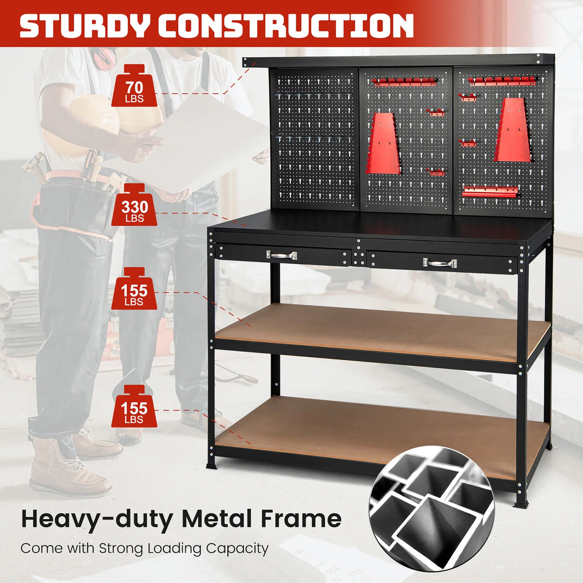 48'' Workbench with Peg Board Hook Kit & Drawers N86096