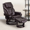 Brown LeatherSoft Recliner and Ottoman with Swivel Mahogany Wood Base M93940