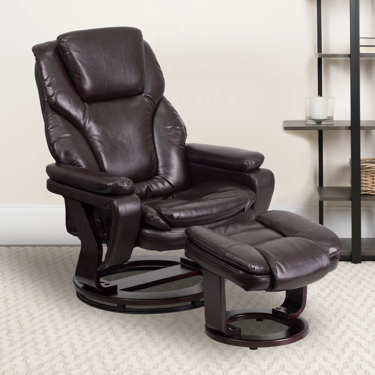 Brown LeatherSoft Recliner and Ottoman with Swivel Mahogany Wood Base M93940