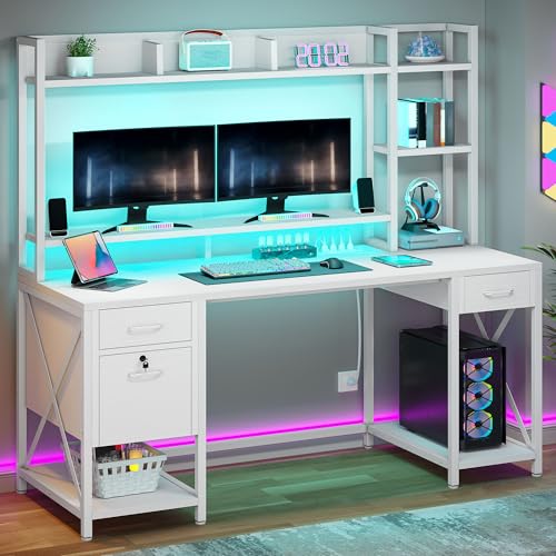 Rustic Brown Computer Desk with Drawers and Hutch G670