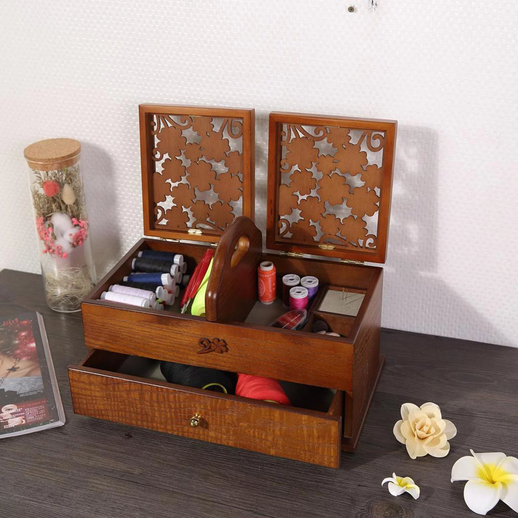 2 Tier Wooden Sewing Basket Jewelry Storage Box Organizer S72767