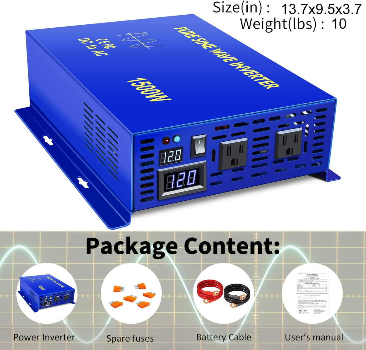 1500W Pure Sine Wave Power Inverter 12V DC to 110V 120V AC E618491