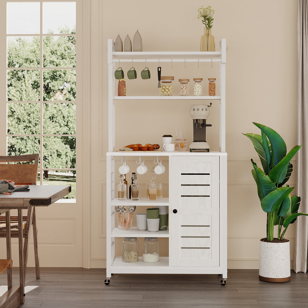White Bakers Rack with Power Outlets and Cabinets C7099