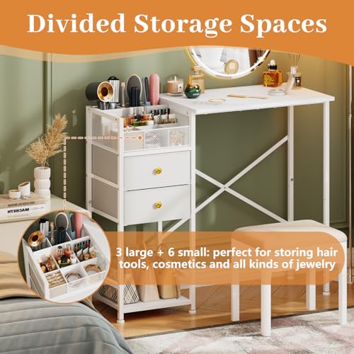 White Vanity Desk with 2 Fabric Drawers, 9 Compartments, Storage Shelves J610812