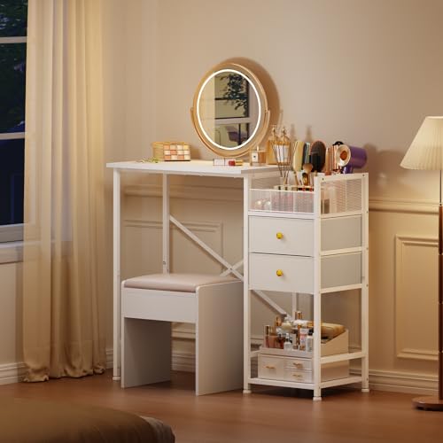 White Vanity Desk with 2 Fabric Drawers, 9 Compartments, Storage Shelves J610812