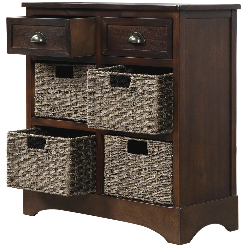 Espresso Wood Storage Cabinet with 2 Drawers and 4 Wicker Baskets V72399