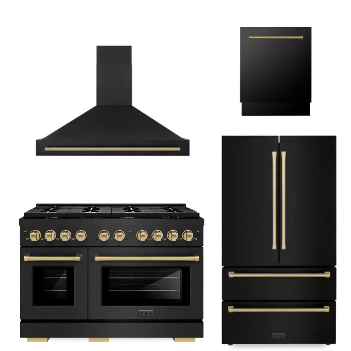 48 Gas Range, Range Hood, Refrigerator, Dishwasher in Black Stainless Steel M113857