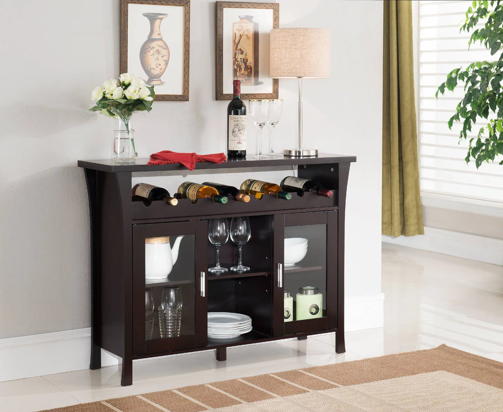 Espresso Wood Wine Rack Sideboard Console Table With Glass Doors J411