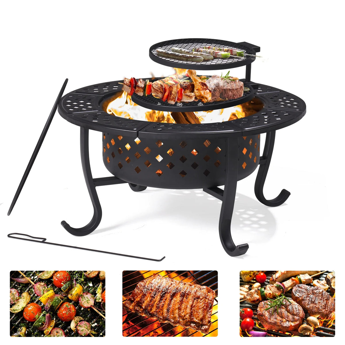 Black Metal Round Fire Pit with 2 Grill J1289