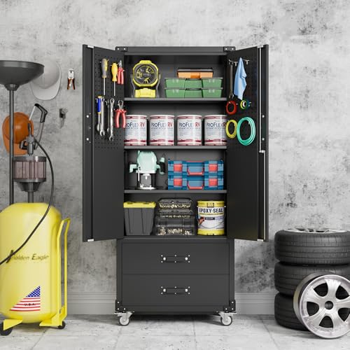71" H Metal Storage Cabinet with Wheels, 5 Shelves and 4 Hooks, Black Silver P48743