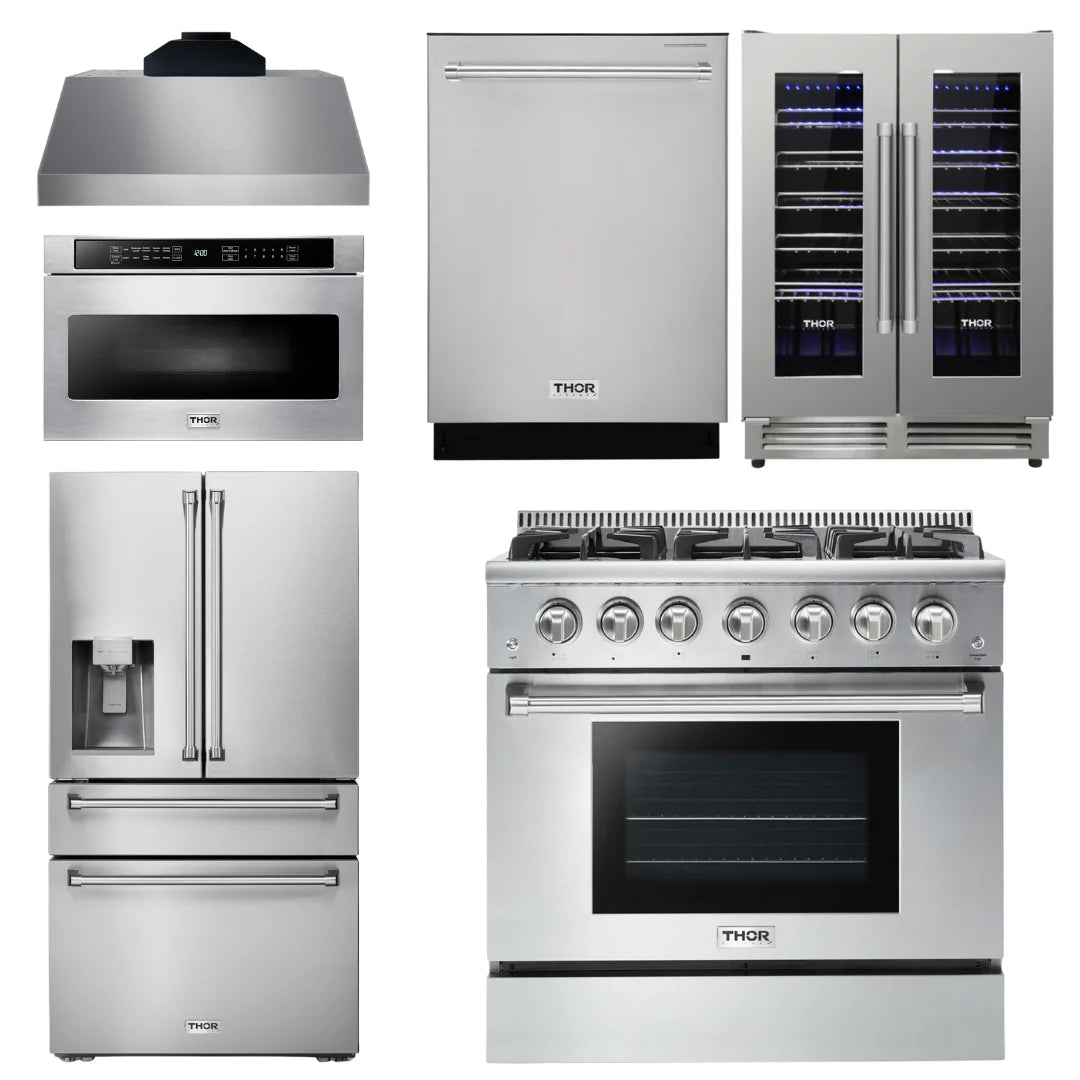 36 Gas Range, Range Hood, Microwave, Refrigerator, Dishwasher, Wine Cooler J9418